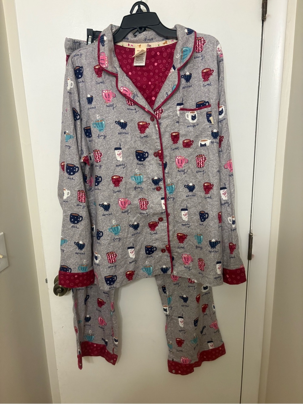 Munki Munki Flannel Pajamas Womens XL Gray Coffee Cup Print 2pc Set Cozy Bamboo